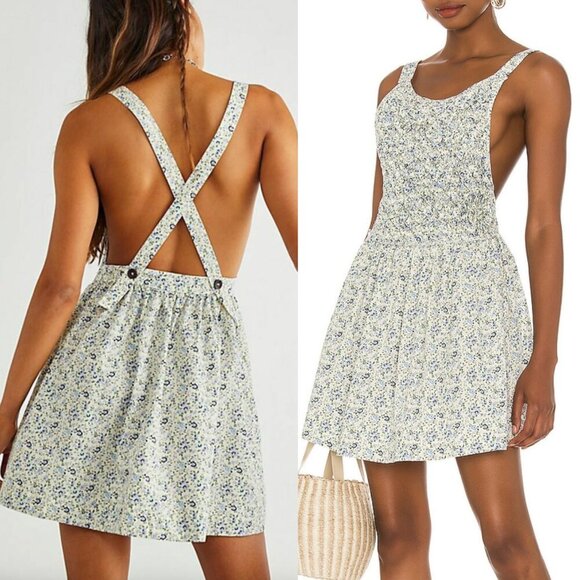 NEW NWT FREE PEOPLE Petunia Sleeveless Mini Dress Beige Floral Backless Small S - Picture 1 of 16